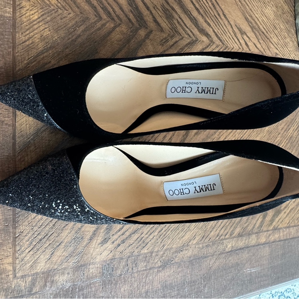 Jimmy Choo Love 100 Velvet Asymmetrical Glitter Toe Pumps Black Size 39